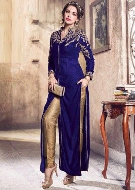 Navy Blue Slit Style Embroidered Kurta With Pant