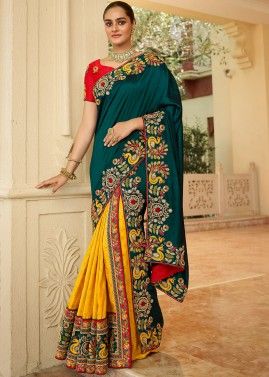 Yellow Heavy Border Embroidered Saree In Silk