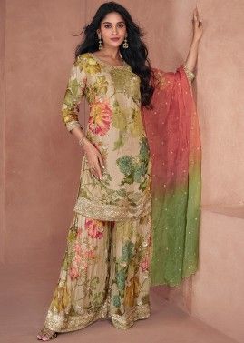 Readymade Beige Floral Printed Sharara Suit