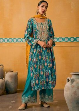 Blue Embroidered Velvet Palazzo Suit Set