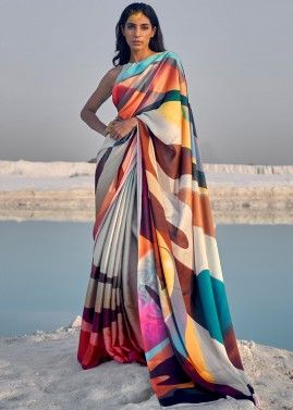 Multicolored Printed Saree In Satin