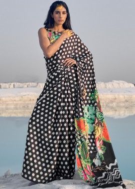 Black Polka Dot Printed Saree In Satin