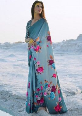 Shaded Blue Floral Print Satin Saree