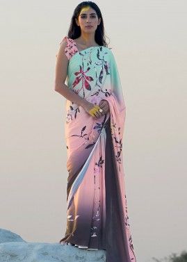 Multicolor Satin Saree In Floral Print