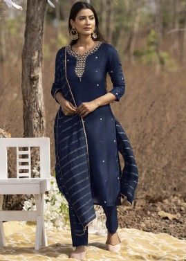 Readymade Navy Blue Embroidered Pant Suit