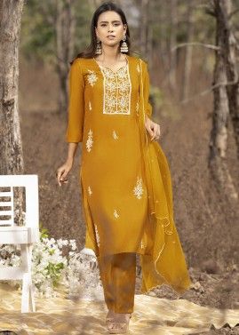 Readymade Yellow Embroidered Pant Suit In Cotton