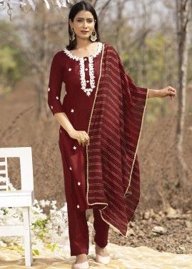 Maroon Embroidered Readymade Pant Suit