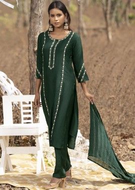 Green Readymade Embroidered Pant Suit