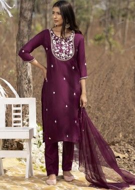 Purple Embroidered Readymade Pant Style Suit