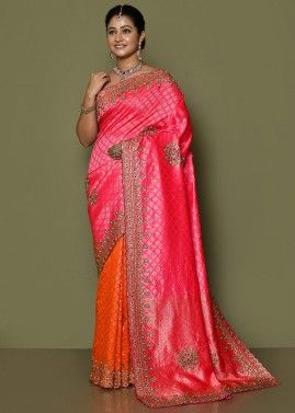 Orange & Pink Half N Half Embroidered Saree