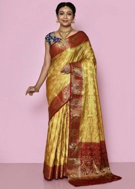 Golden Zari Woven Saree In Kanjivaram Silk
