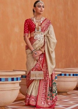 Beige Printed Heavy Pallu Saree In Silk