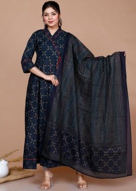 Readymade Blue Printed Angrakha Style Suit