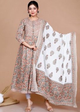 Brown Readymade Anarkali Suit In Floral Print