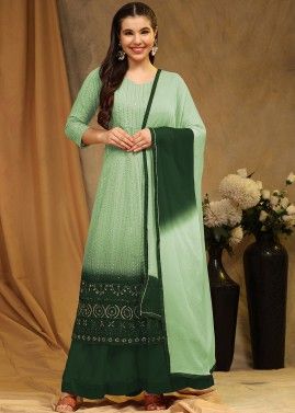 Green Georgette Front Slit Gharara Suit In Thread Embroidery