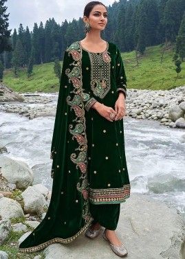 Green Embroidered Pant Suit Set In Velvet