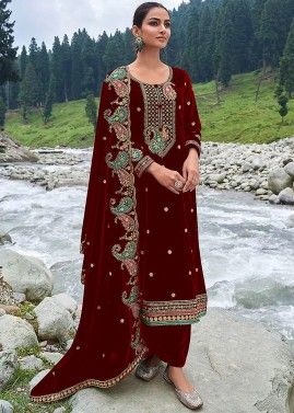 Maroon Embroidered Suit Set In Velvet