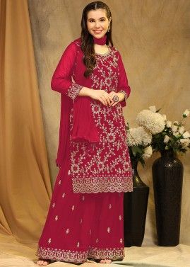 Pink Embroidered Palazzo Style Suit In Georgette