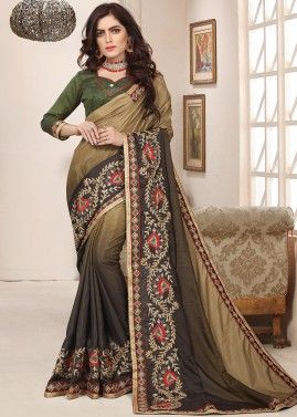 Brown Shaded Embroidered Saree In Dola Silk