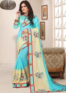 Turquoise & Beige Shaded Saree In Cotton Silk