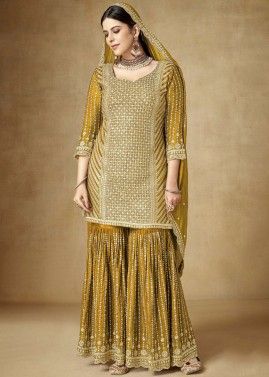 Yellow Embroidered Gharara Style Suit