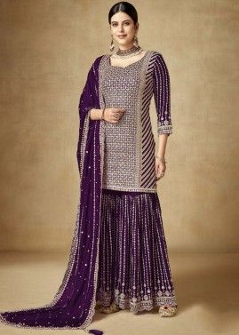 Purple Chiffon Gharara Suit in Zari Embroidery