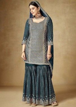 Teal Blue Embroidered Gharara Suit In Chiffon