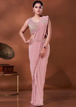 Pink Pre-Stitched Embroidered Saree