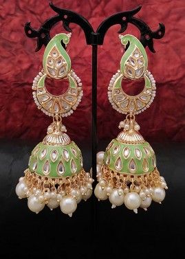Green Kundan Studded Jhumka Earrings