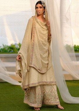 Beige Thread Embroidered Silk Palazzo Suit 