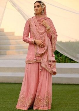 Pink Embroidered Palazzo Silk Suit Set