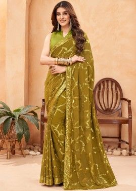 Green Part Wear Embroidered Saree In Georgette