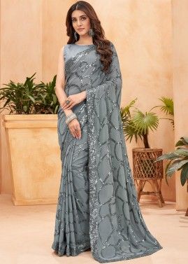 Grey Embroidered Saree In Georgette
