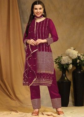 Magenta Embroidered Pant Suit Set