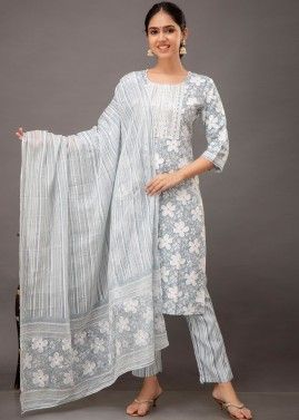 Grey Readymade Floral Printed Cotton Pant Suit