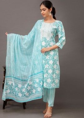 Blue Readymade Floral Printed Pant Suit In Cotton
