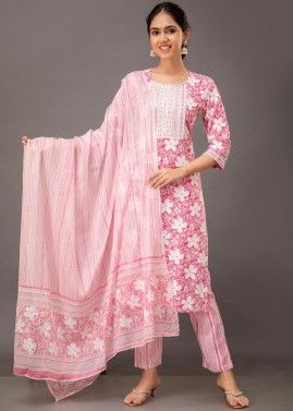 Pink Readymade Floral Printed Cotton Pant Suit Set