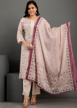 Mauve Pink Readymade Printed Cotton Pant Suit