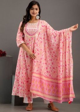 Pink Readymade Digital Printed Cotton Anarkali Suit