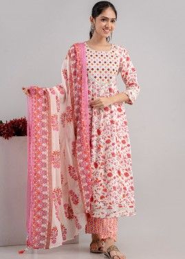 White Readymade Cotton Anarkali Suit In Floral Print