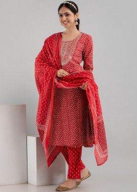 Red Readymade Digital Printed Pant Suit  In Cotton 