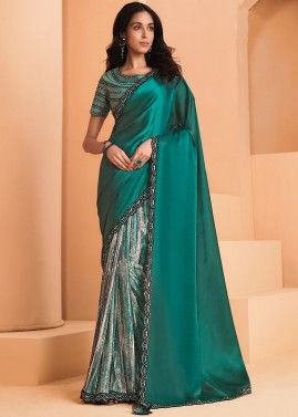 Teal Green Embroidered Saree In Satin