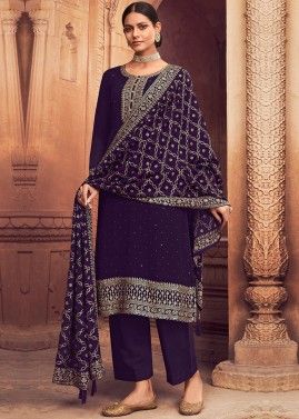 Purple Embroidered Georgette Palazzo Suit Set