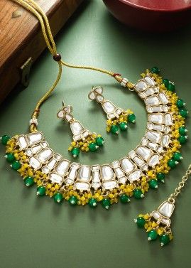 Yellow & Green Kundan Studded Necklace Set