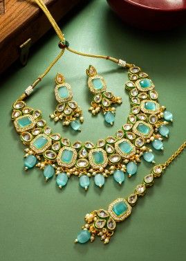 Blue Kundan Studded Alloy Based Necklace Set