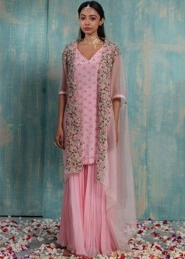 Readymade Pink Embroidered Jacket Style Sharara Set