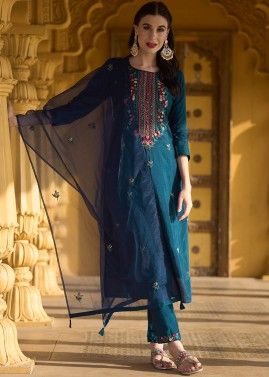 Teal Blue Embroidered Readymade Viscose Pant Suit