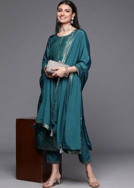 Teal Blue Embroidered Readymade Pant Suit In Viscose