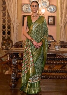 Green Printed Saree & Blouse In Patola Silk