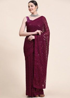 Magenta Sequins Embellished Saree In Georgette
